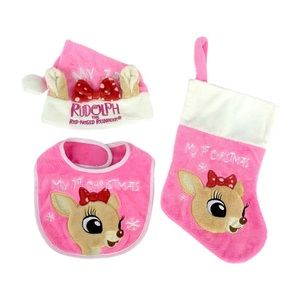 Rudolph Clarice Baby Set Hat,Bib,Stocking NEW!